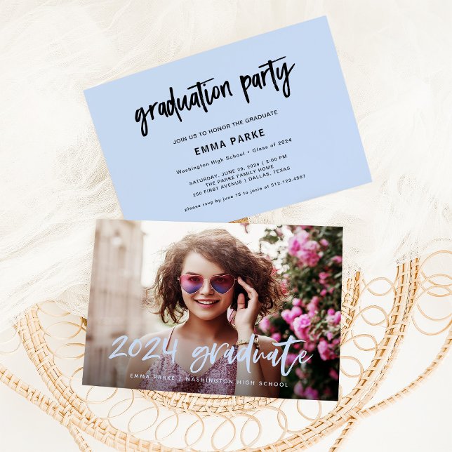 Modern Grad | Photo and Blue Handwritten Text Invitation (Creator Uploaded)