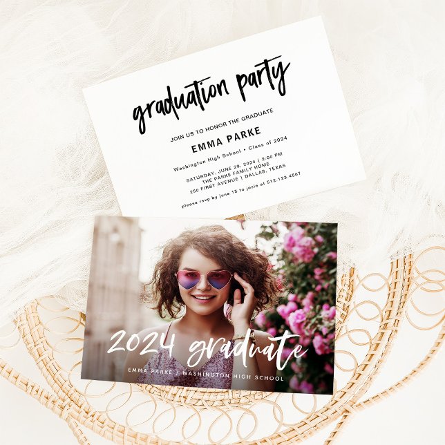 Modern Grad | Photo and White Handwritten Text Invitation (Creator Uploaded)