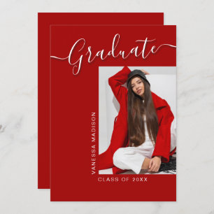 Modern Grad   Red 1 Photo Elegant Script Announcement