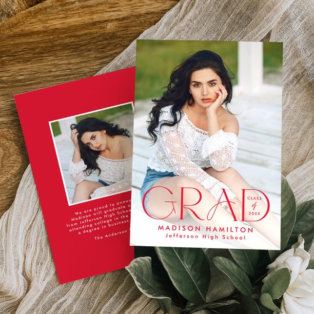 Modern Grad Red Typography 2 Photo Graduation Announcement (Creator Uploaded)