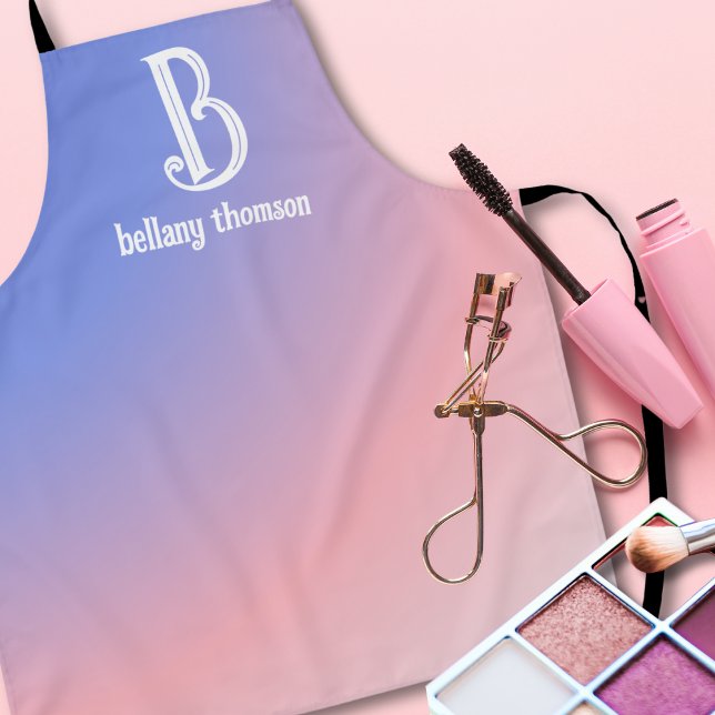 Modern Gradient Blue Pink Monogram Makeup Artist Apron (Creator Uploaded)