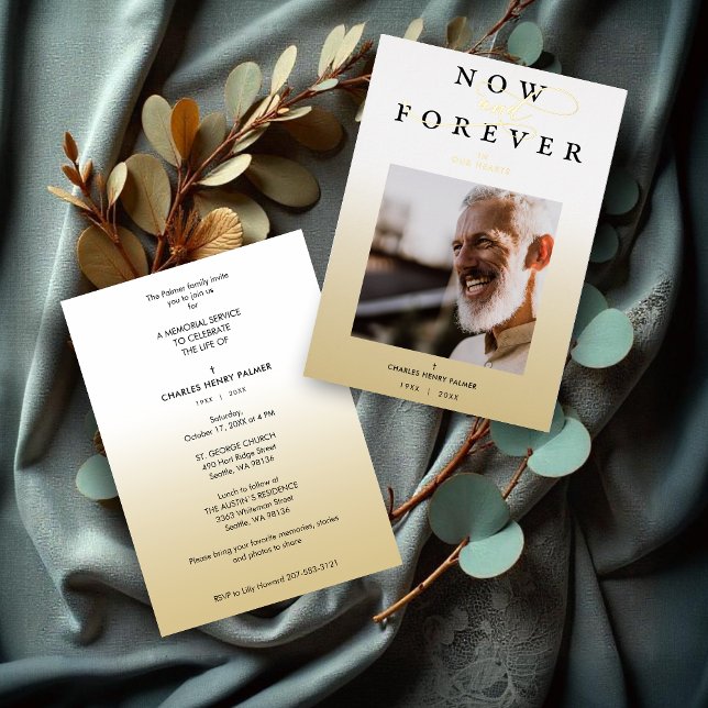 Modern Gradient Minimalist Photo Funeral Service (Modern Gradient Minimalist Photo Funeral Service Metallic Foil Invitation Cards.)