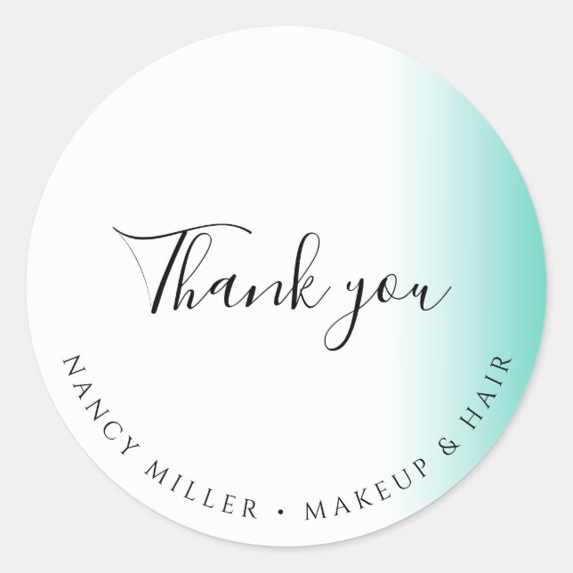 Modern gradient mint white makeup & hair thank you classic round sticker (Front)