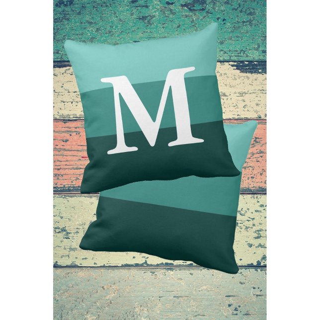Modern Gradient Teal Stripes Big Letter Monogram  Throw Pillow (Creator Uploaded)
