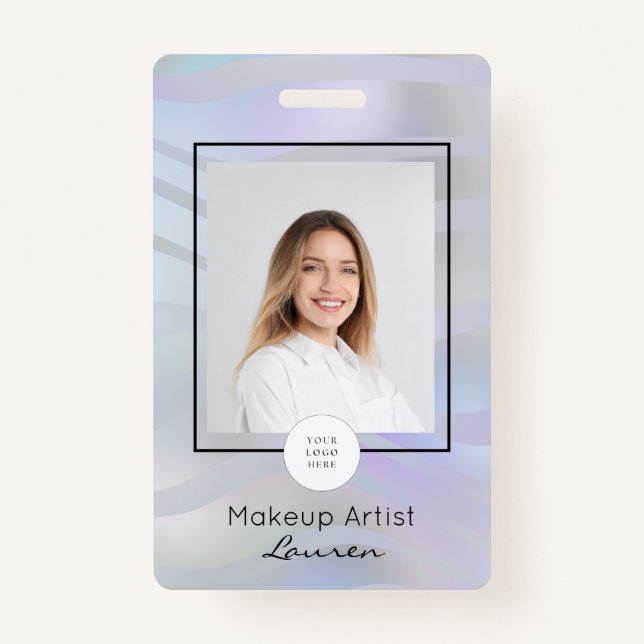 Modern Gradient Waves Black Script Photo Makeup  Badge (Front)