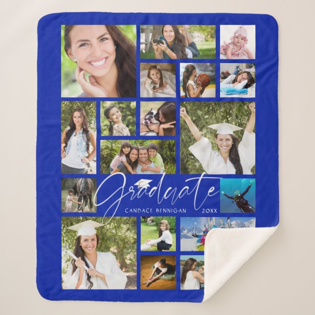 Modern GRADUATE 19 Photo Collage Script Royal Blue Sherpa Blanket (Front)