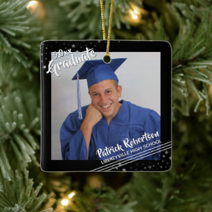 Modern Graduate 2 Photos Brush Script Black Stars Ceramic Ornament