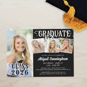 Modern Graduate 4 Photo Collage Custom Colours Invitation