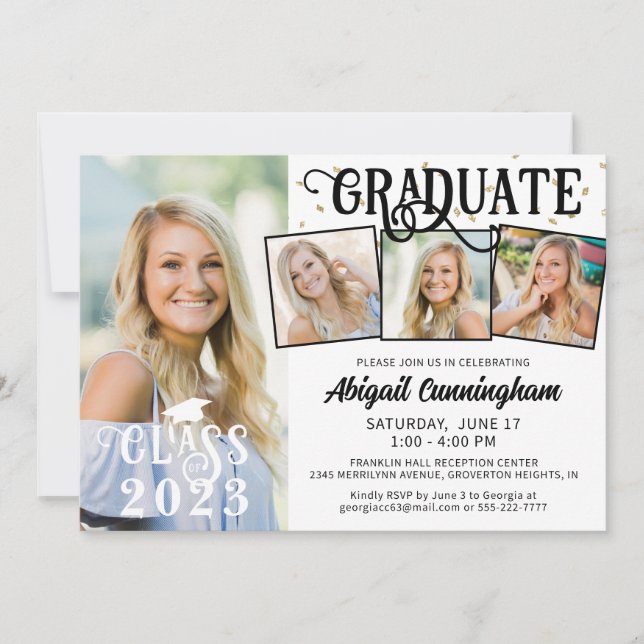 Modern Graduate 4 Photo Collage Custom Colours Invitation (Front)