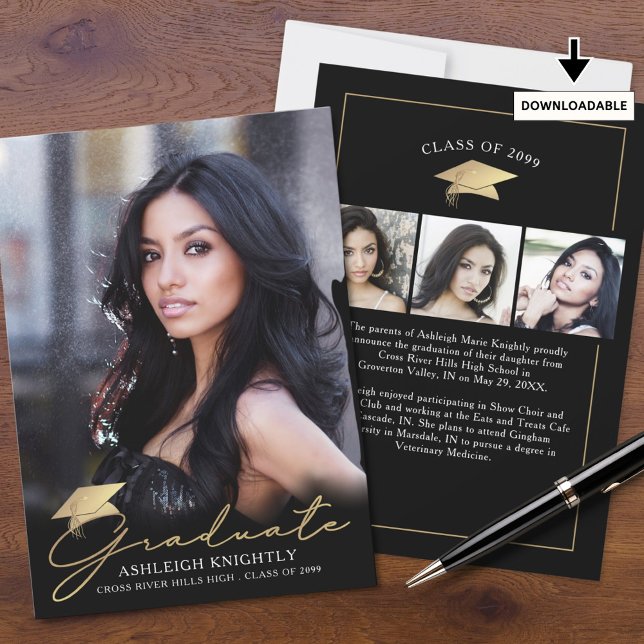 Modern Graduate 4 Photos Script Cap Black Gold Announcement (Creator Uploaded)