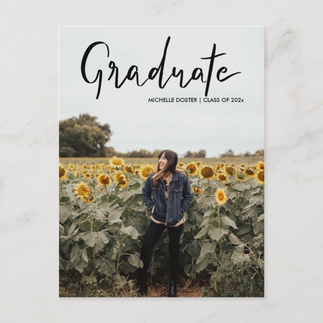 Modern Graduate Black Script Handwritten | Photo Announcement Postcard (Front)