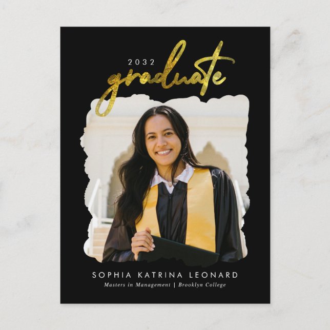 Modern Graduate Brush Script Gold Photo Graduation Announcement Postcard (Front)