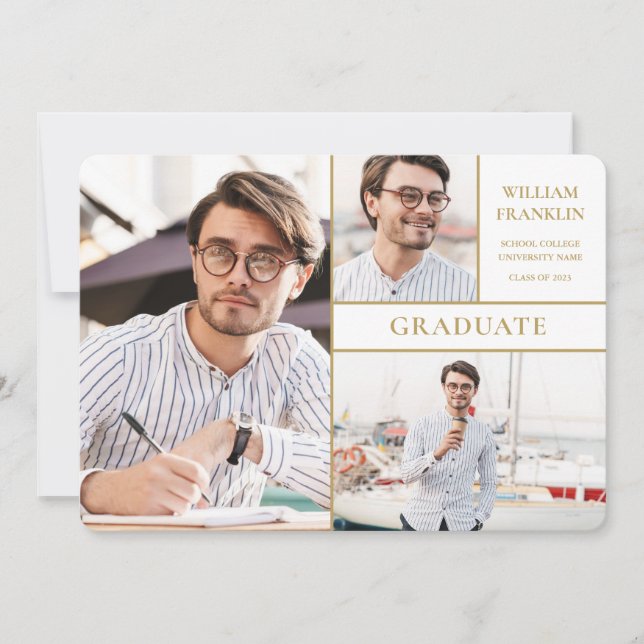 Modern Graduate Gold 3 Photo Collage Graduation Announcement (Front)