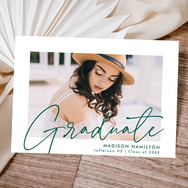 Modern Graduate Green Script Photo Graduation Announcement (Creator Uploaded)