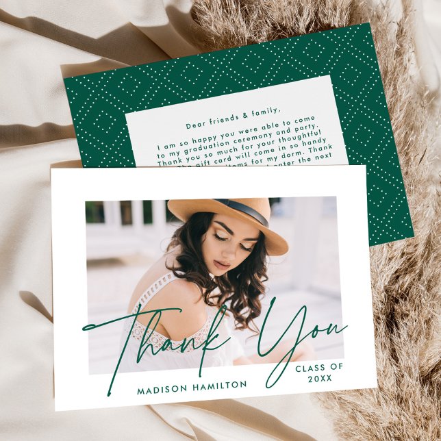 Modern Graduate Green Script Photo Graduation Thank You Card (Creator Uploaded)