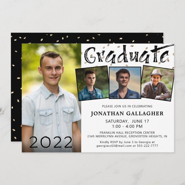 Modern Graduate Hand Lettered 4 Photo Collage Invitation (Front/Back)