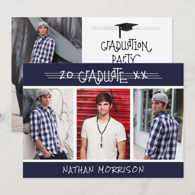 Modern Graduate Hand Lettered 4 Photo Custom Colou Invitation (Front/Back)