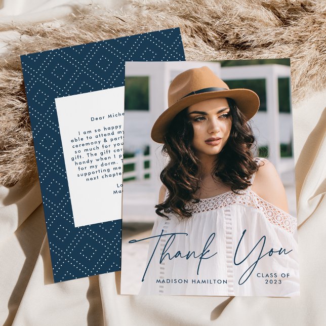 Modern Graduate Navy Script Photo Graduation Thank You Card (Creator Uploaded)