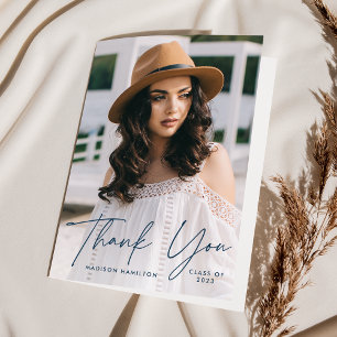 Modern Graduate Navy Script Photo Graduation Thank You Card