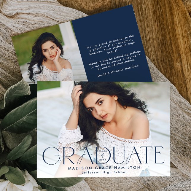 Modern Graduate Navy Typography 2 Photo Graduation Announcement (Creator Uploaded)