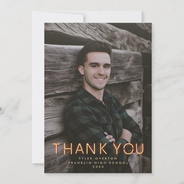 Modern Graduate Neon Lights Photo Thank You Card (Front)