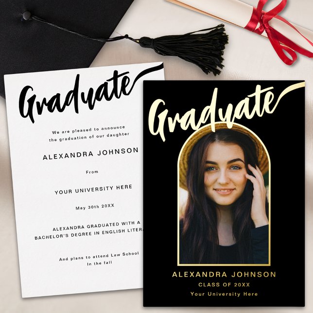 Modern Graduate Photo Arch Calligraphy Black Gold (Modern graduate photo arch elegant calligraphy black and gold foil graduation announcement card)