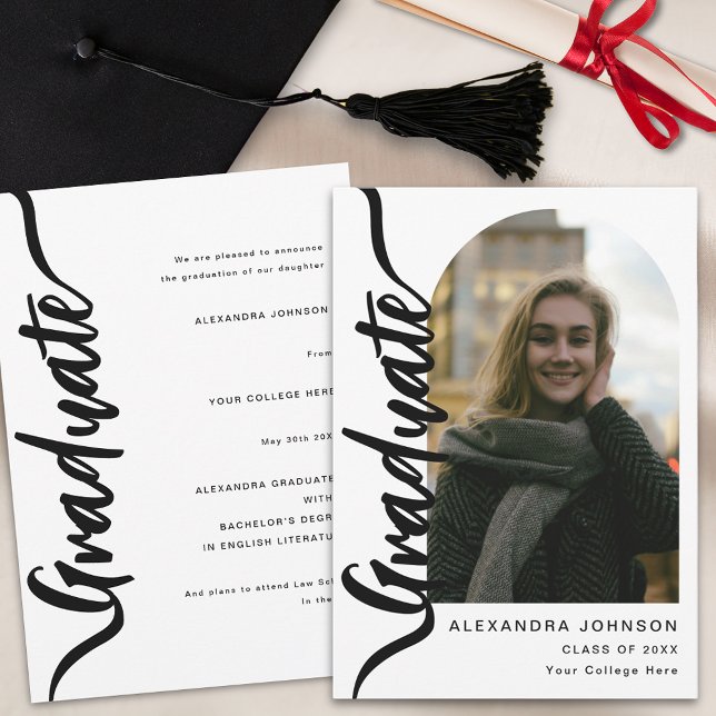 Modern Graduate Photo Arch Stylish Script Announcement (Stylish modern script arch photo Graduation announcement card trendy chic casual design)