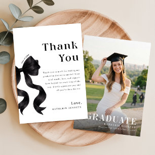 Modern Graduate Photo Black Bow Graduation Party Thank You Card