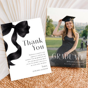 Modern Graduate Photo Black Bow Graduation Thank You Card