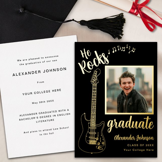 Modern Graduate Photo Cool Guitar Black and Gold (Modern graduate photo cool minimalist electric guitar gold foil script black Graduation announcement)