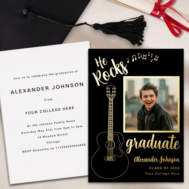Modern Graduate Photo Guitar Music Black and Gold (Modern graduate photo minimalist guitar music black and gold foil Graduation party invitation)