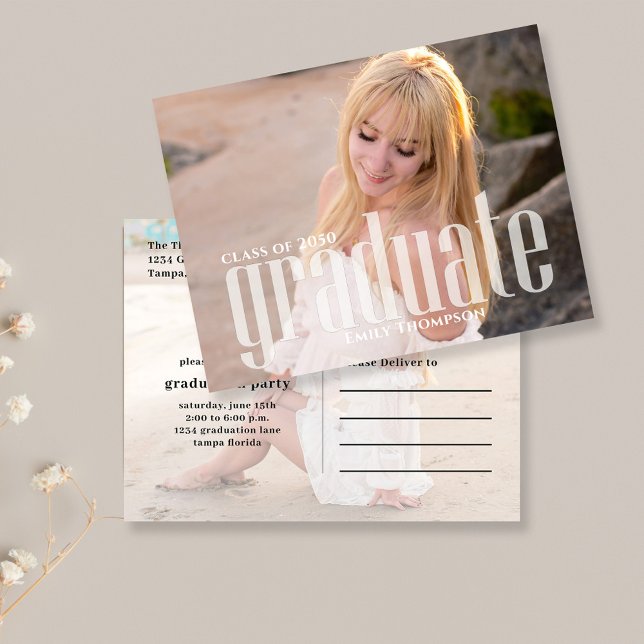 Modern Graduate Photo Invitation Custom Postcard (Graduation photo invitation postcard template with modern typography)