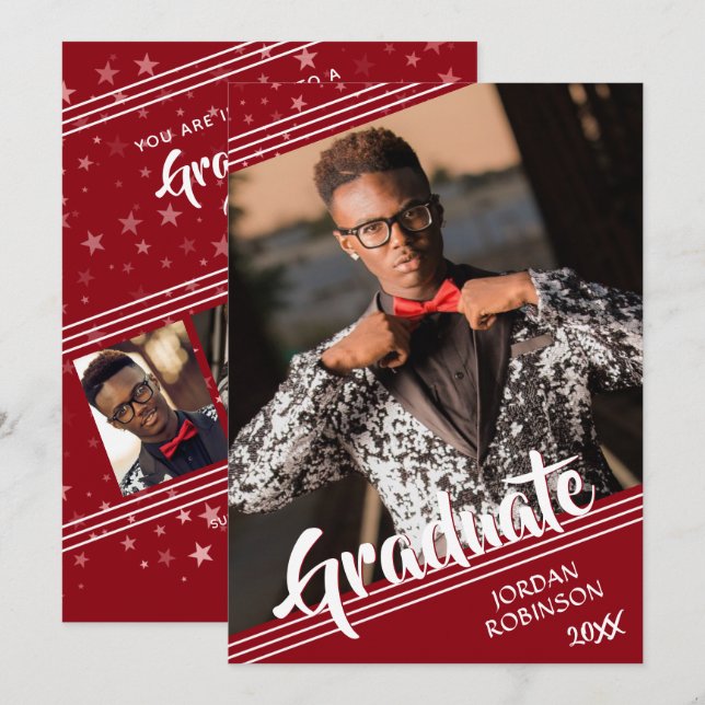 Modern Graduate Red 4-Photo Brush Script  Invitation (Front/Back)
