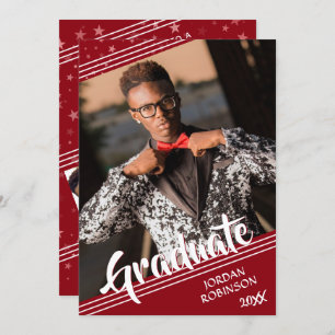 Modern Graduate Red 4-Photo Brush Script  Invitation