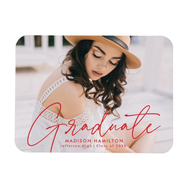 Modern Graduate Red Script Photo Graduation Magnet (Horizontal)
