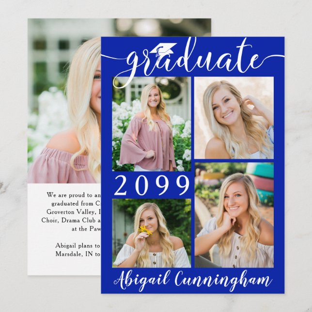 Modern Graduate Royal Blue 5 Photo Script Announcement (Front/Back)
