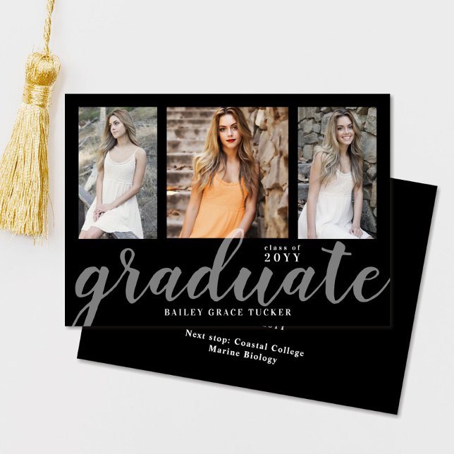 Modern Graduate Script 3-Photo Collage Graduation Announcement (Creator Uploaded)
