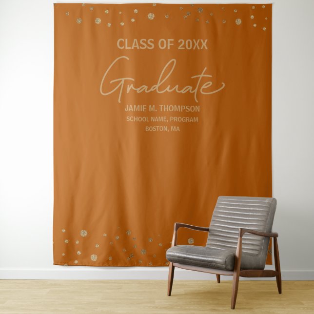Modern Graduate Script Orange Gold graduation Tapestry (In Situ)