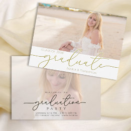 Modern Graduate Simple Elegant Gold Two Photo Invitation