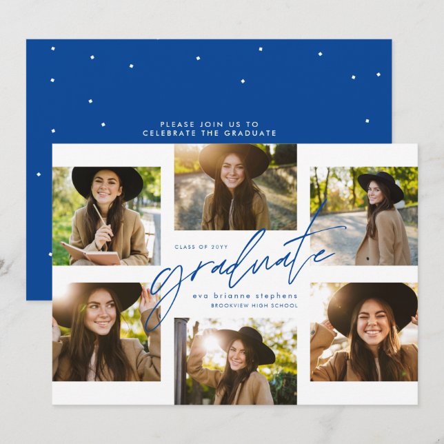 Modern graduate six photo collage blue graduation invitation (Front/Back)