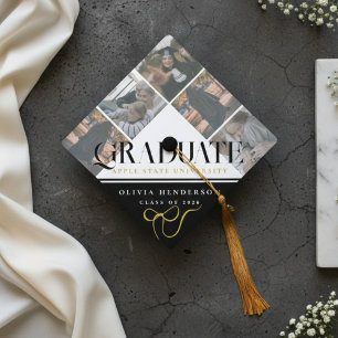 Modern Graduate Typography Bow Five Photo Graduation Cap Topper
