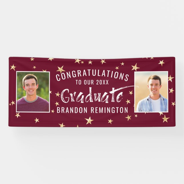 Modern Graduate Typography Photo Maroon Gold Stars Banner (Horizontal)