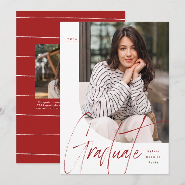 Modern graduate unique red two photo graduation announcement (Front/Back)