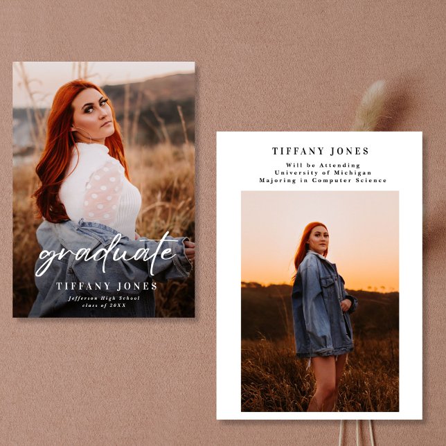 Modern Graduate White Script 2 Photo Graduation   Announcement (Creator Uploaded)