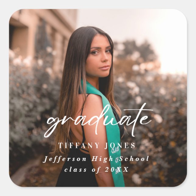 Modern Graduate White Script 2 Photo Graduation   Square Sticker (Front)