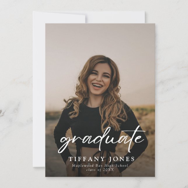 Modern Graduate White Script 4 Photos Graduation Announcement (Front)