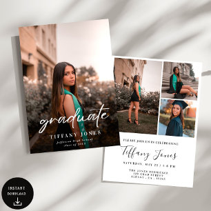 Modern Graduate White Script 4 Photos Graduation Invitation