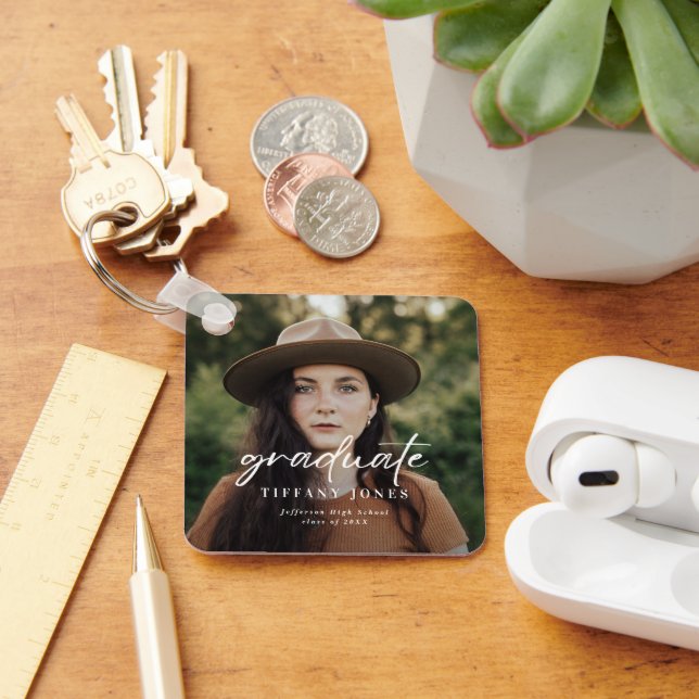 Modern Graduate White Script 4 Photos Graduation   Keychain (Desk)