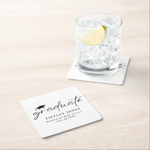 Modern Graduate White Script Graduation Party Square Paper Coaster