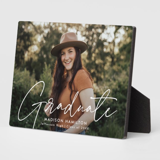 Modern Graduate White Script Graduation Photo Plaque (Side)